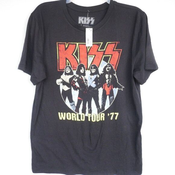 KISS Men T-Shirt Size L Style World Tour 77 Print Licensed Retro Black - Picture 1 of 9